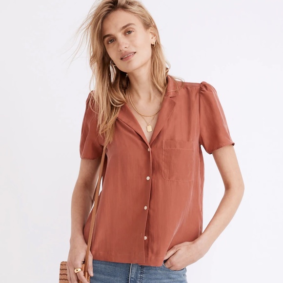 Madewell Silk Puff-Sleeve Camp Shirt in Black - S - Picture 4 of 5